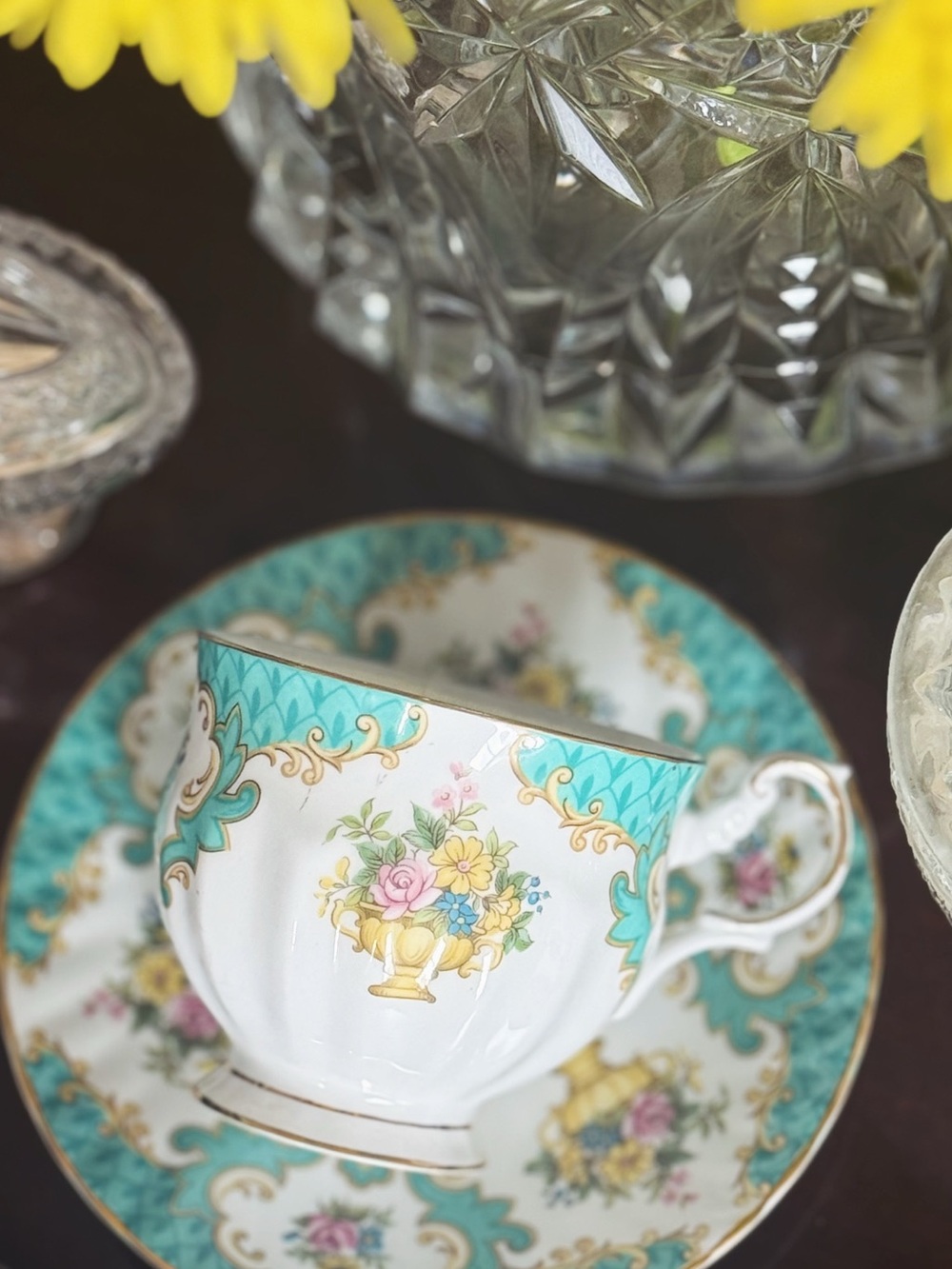 Queens’ Rosina Bone China Floral Turquoise Gold-Trim Porcelain Teacup and Saucer